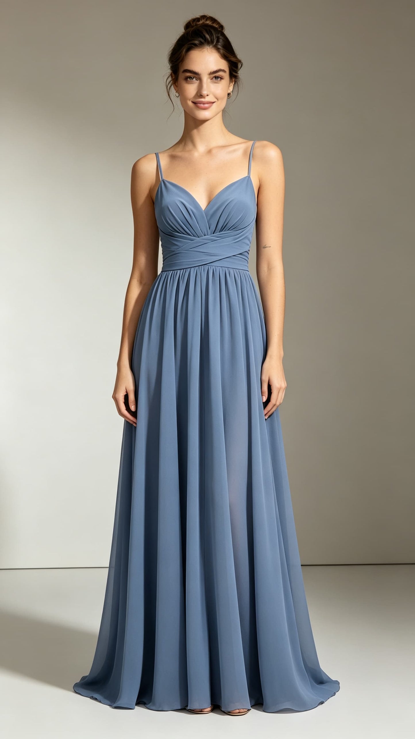Dusty blue chiffon A‑line maxi evening gown, spaghetti straps ruched v‑neck, multi‑colour custom bridesmaid formal dress