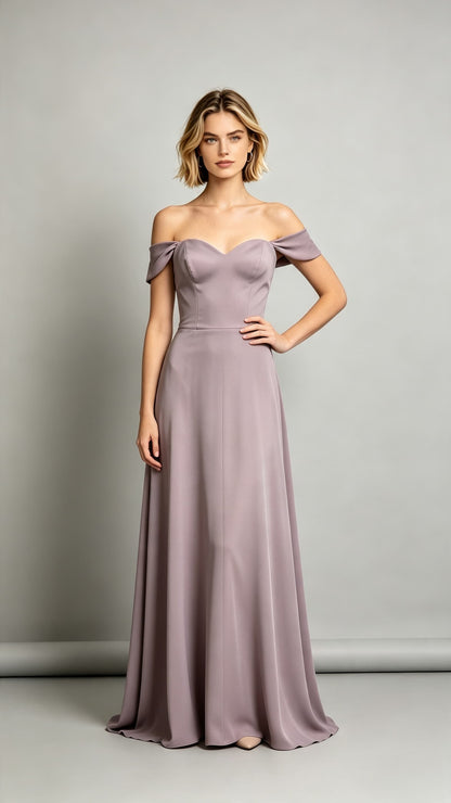Classy A-line Purple Bridesmaid Gowns Off the Shoulder Polyester Long Formal Dress LFNL0717