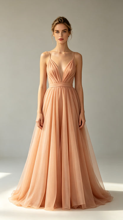 Polished orange A‑line tulle maxi evening gown, thin spaghetti straps, deep V neck, folded waistband, flowing formal skirt