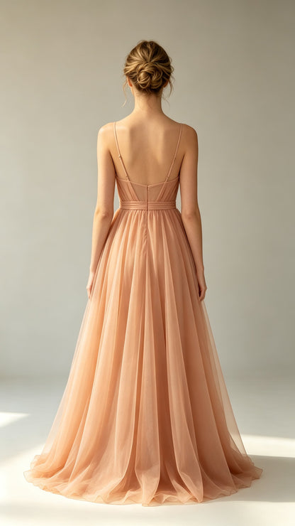 Polished A-line Orange Evening Gowns Straps Tulle Maxi Dress LFNL0791
