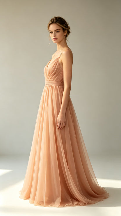 Polished A-line Orange Evening Gowns Straps Tulle Maxi Dress LFNL0791
