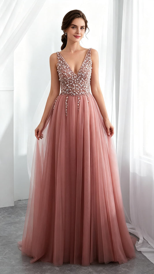Sleek A-line Dusty Pink Evening Gowns V Neck Tulle&Beads Long Formal Dress LFNG0042