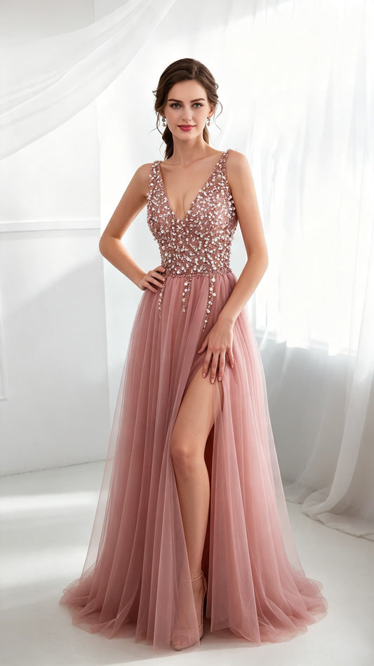 Sleek A-line Dusty Pink Evening Gowns V Neck Tulle&Beads Long Formal Dress LFNG0042