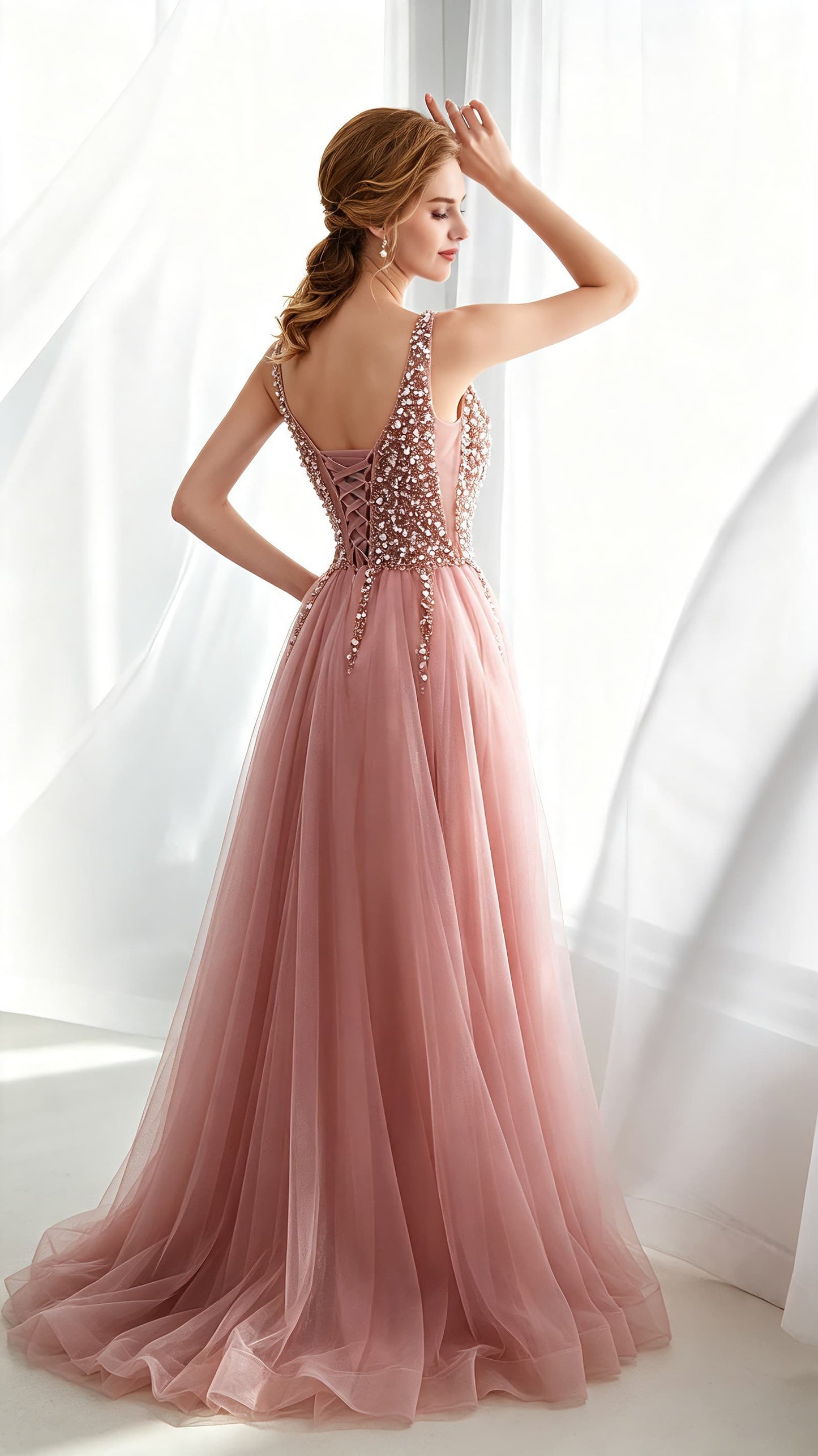 Sleek A-line Dusty Pink Evening Gowns V Neck Tulle&Beads Long Formal Dress LFNG0042