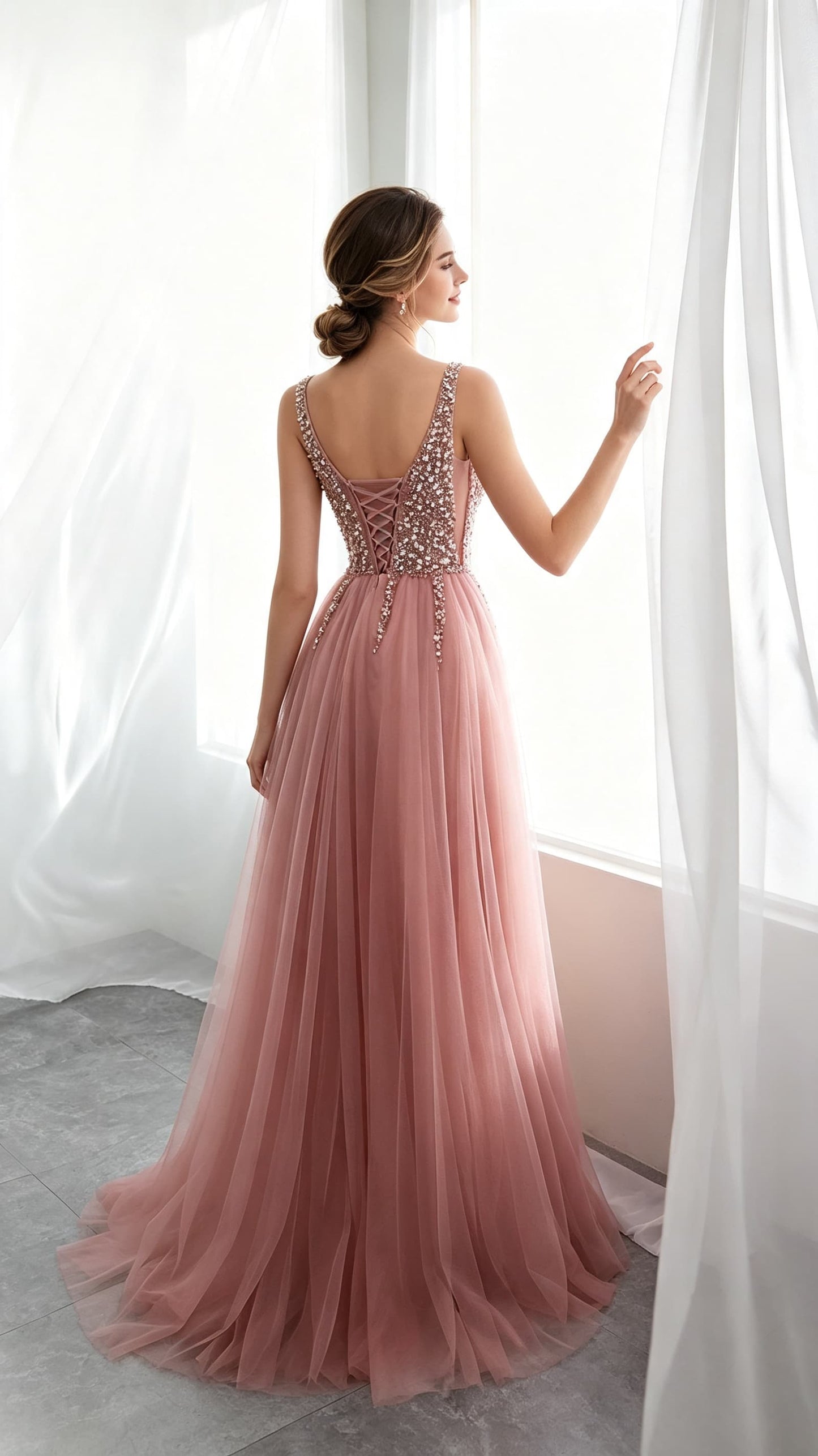 Sleek A-line Dusty Pink Evening Gowns V Neck Tulle&Beads Long Formal Dress LFNG0042
