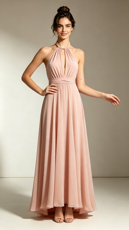 Beautiful tailored A-line Pink Bridesmaid Gowns Halter Chiffon Prom Gowns LFNL0736