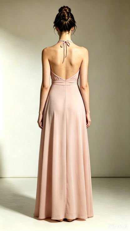 Beautiful tailored A-line Pink Bridesmaid Gowns Halter Chiffon Prom Gowns LFNL0736