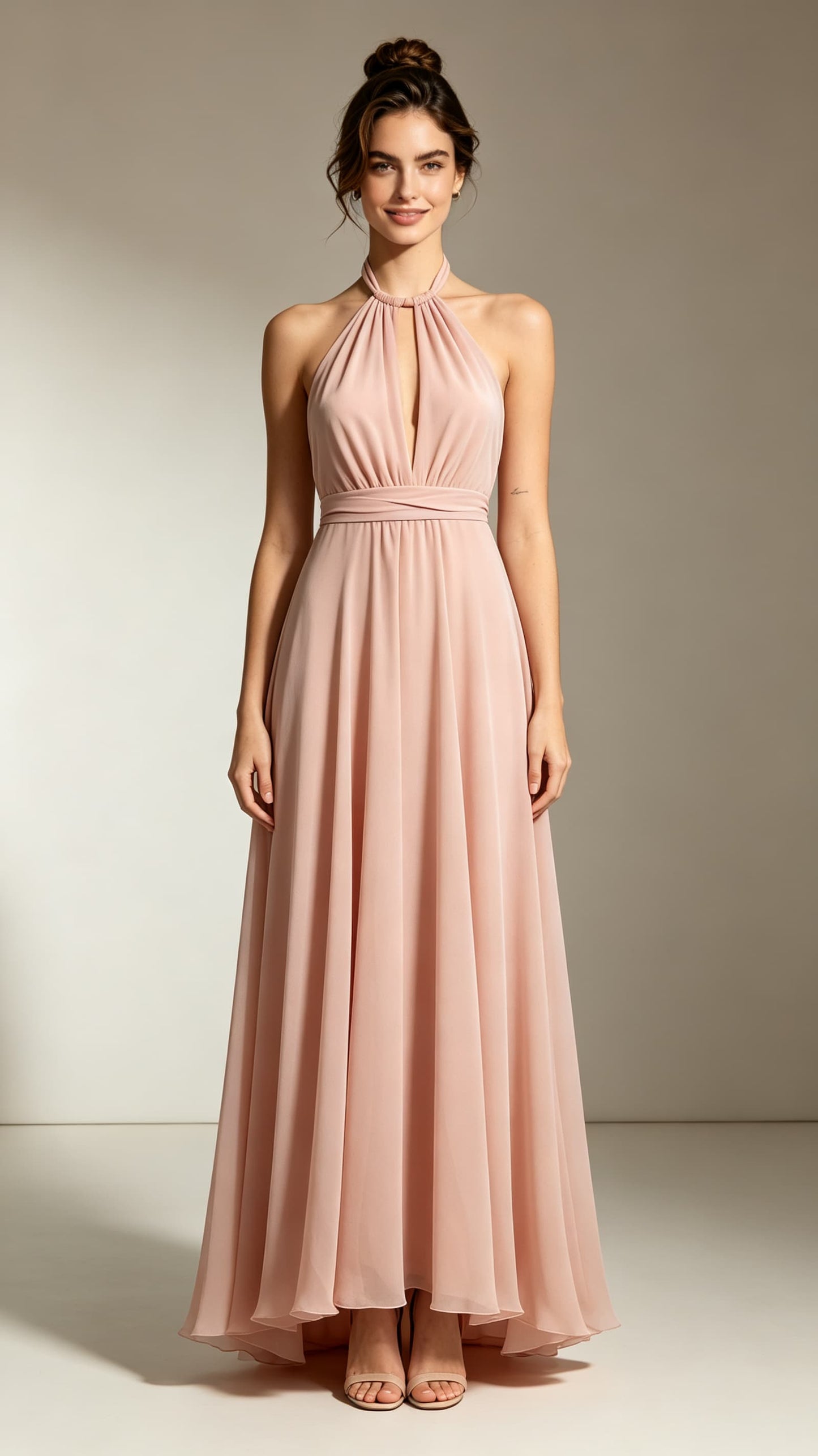 Beautiful tailored A-line Pink Bridesmaid Gowns Halter Chiffon Prom Gowns LFNL0736