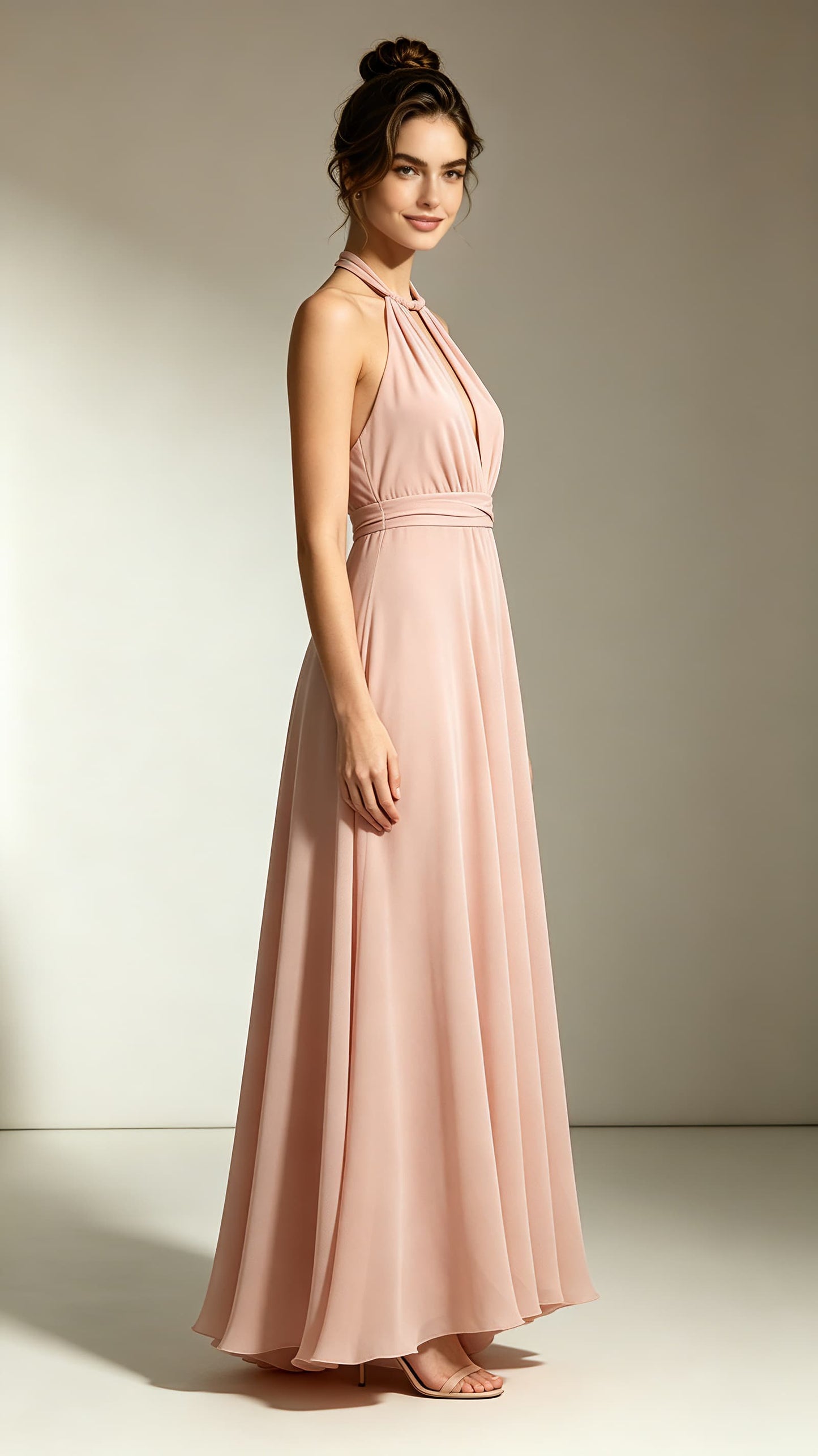 Beautiful tailored A-line Pink Bridesmaid Gowns Halter Chiffon Prom Gowns LFNL0736