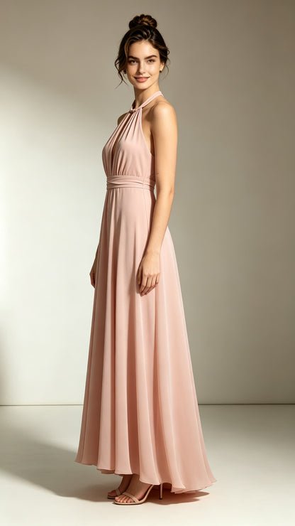 Beautiful tailored A-line Pink Bridesmaid Gowns Halter Chiffon Prom Gowns LFNL0736