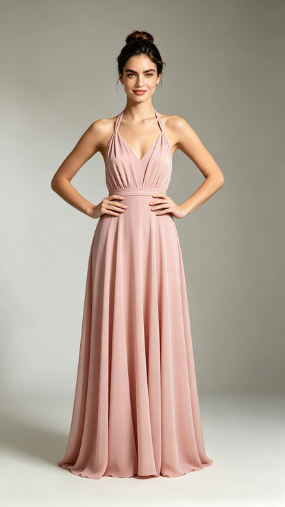Gorgeous A-line Pink Bridesmaid Gowns Halter Chiffon Maxi Dress LFNL0735