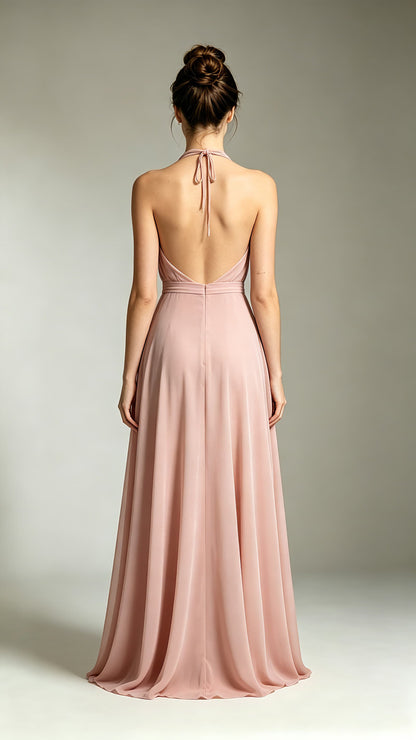 Gorgeous A-line Pink Bridesmaid Gowns Halter Chiffon Maxi Dress LFNL0735