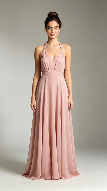 Gorgeous A-line Pink Bridesmaid Gowns Halter Chiffon Maxi Dress LFNL0735