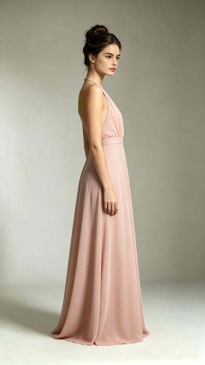 Gorgeous A-line Pink Bridesmaid Gowns Halter Chiffon Maxi Dress LFNL0735