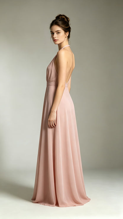 Gorgeous A-line Pink Bridesmaid Gowns Halter Chiffon Maxi Dress LFNL0735