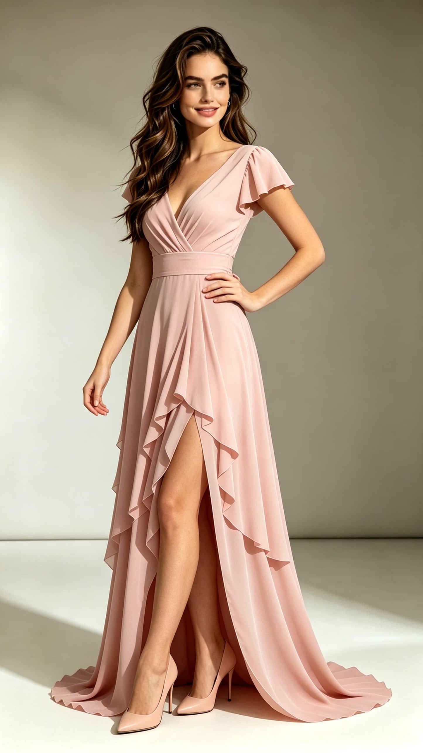 Feminine A-line Pink Bridesmaid Gowns V Neck Chiffon Maxi Dress LFNL0694