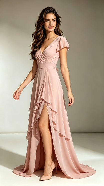 Feminine A-line Pink Bridesmaid Gowns V Neck Chiffon Maxi Dress LFNL0694