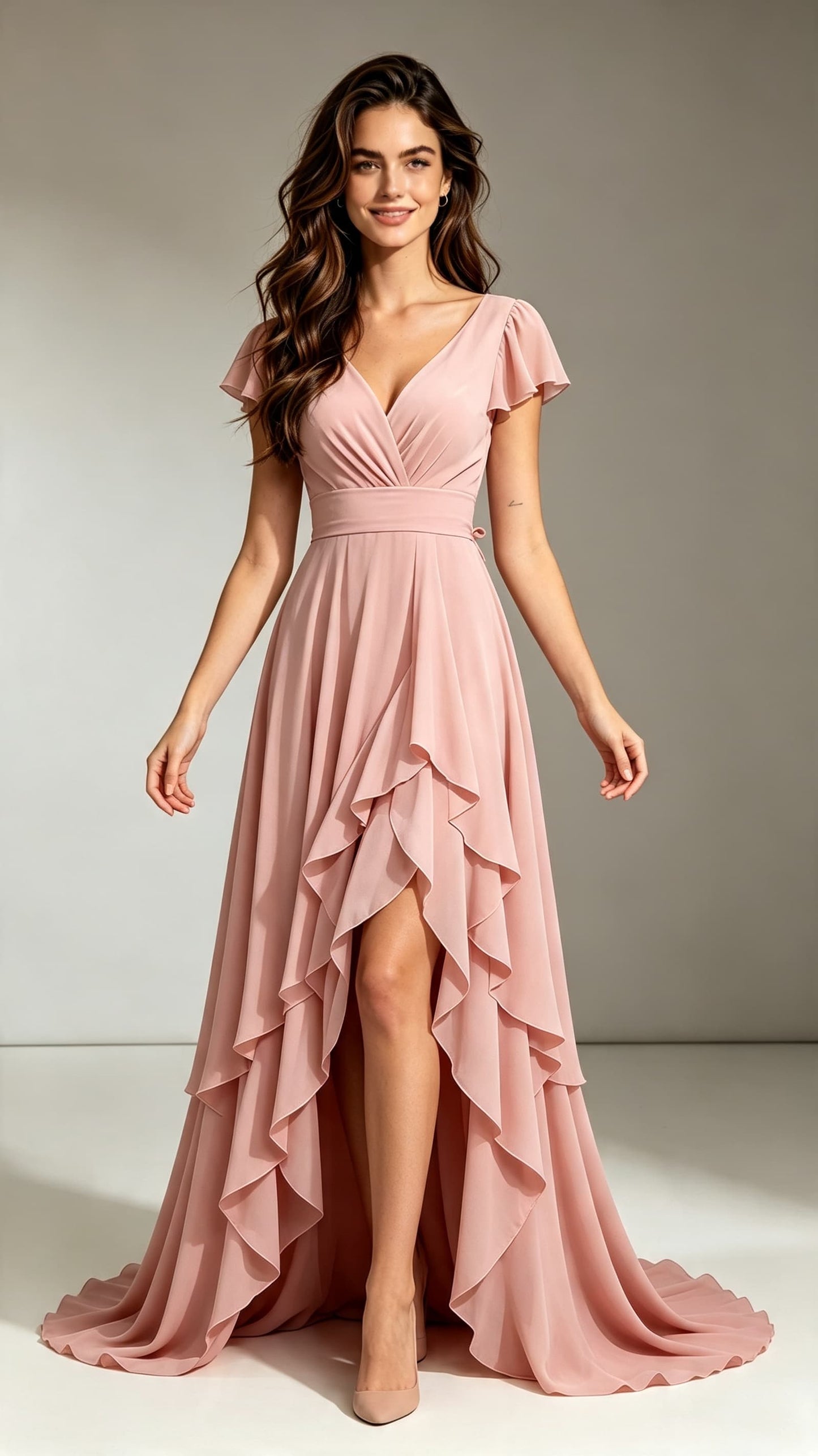 Feminine A-line Pink Bridesmaid Gowns V Neck Chiffon Maxi Dress LFNL0694
