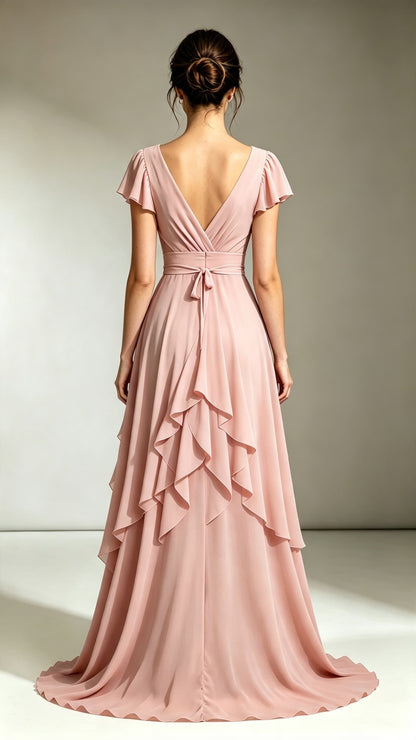 Feminine A-line Pink Bridesmaid Gowns V Neck Chiffon Maxi Dress LFNL0694