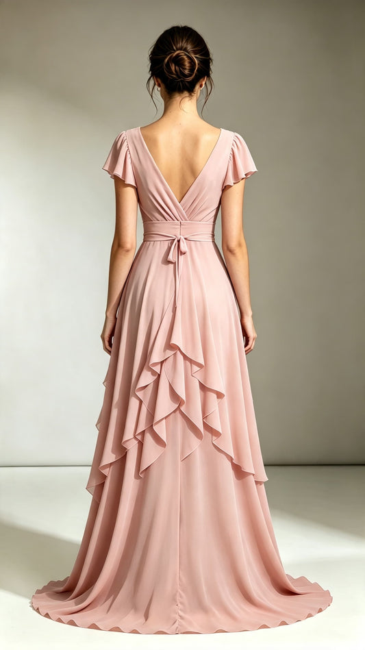 Feminine A-line Pink Bridesmaid Gowns V Neck Chiffon Maxi Dress LFNL0694