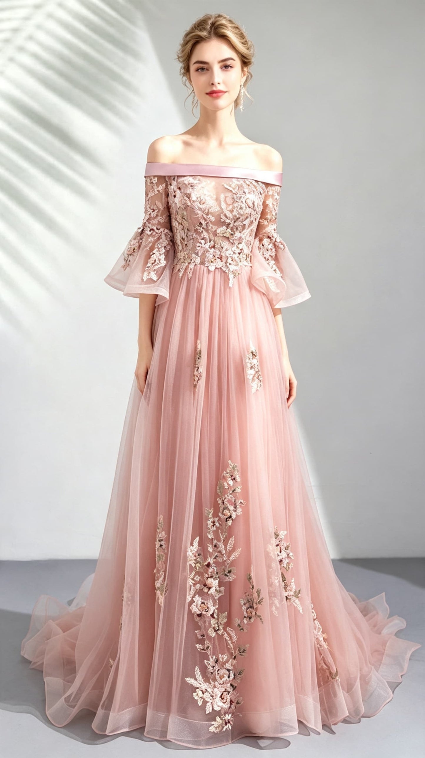 Polished A-line Pink Evening Dress Off Shoulder Tulle Long Formal Dress LFNL0456