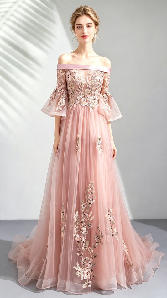 Polished A-line Pink Evening Dress Off Shoulder Tulle Long Formal Dress LFNL0456