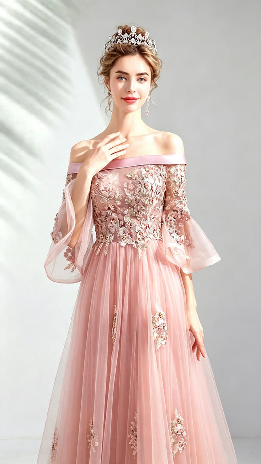 Polished A-line Pink Evening Dress Off Shoulder Tulle Long Formal Dress LFNL0456