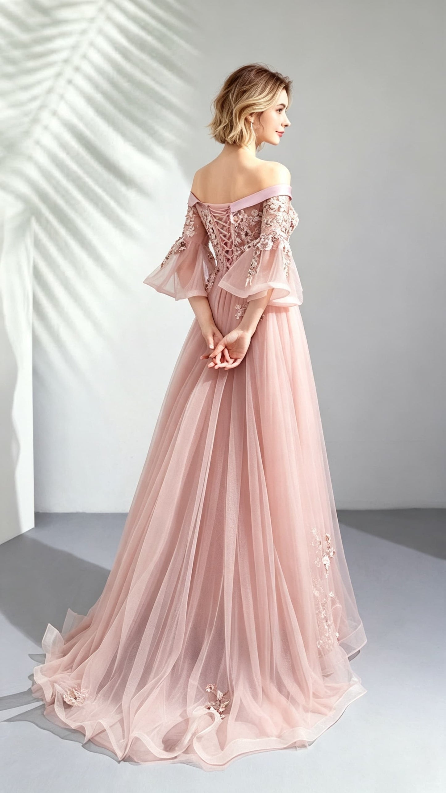 Polished A-line Pink Evening Dress Off Shoulder Tulle Long Formal Dress LFNL0456