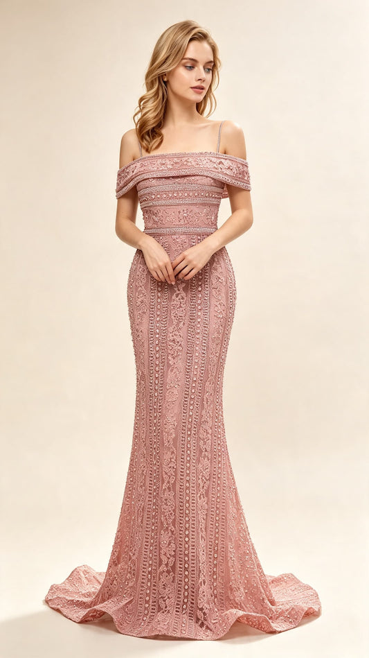Feminine Mermaid Dusty Pink Evening Dress Off the Shoulder Guipure Lace Maxi Dress LFNL0635