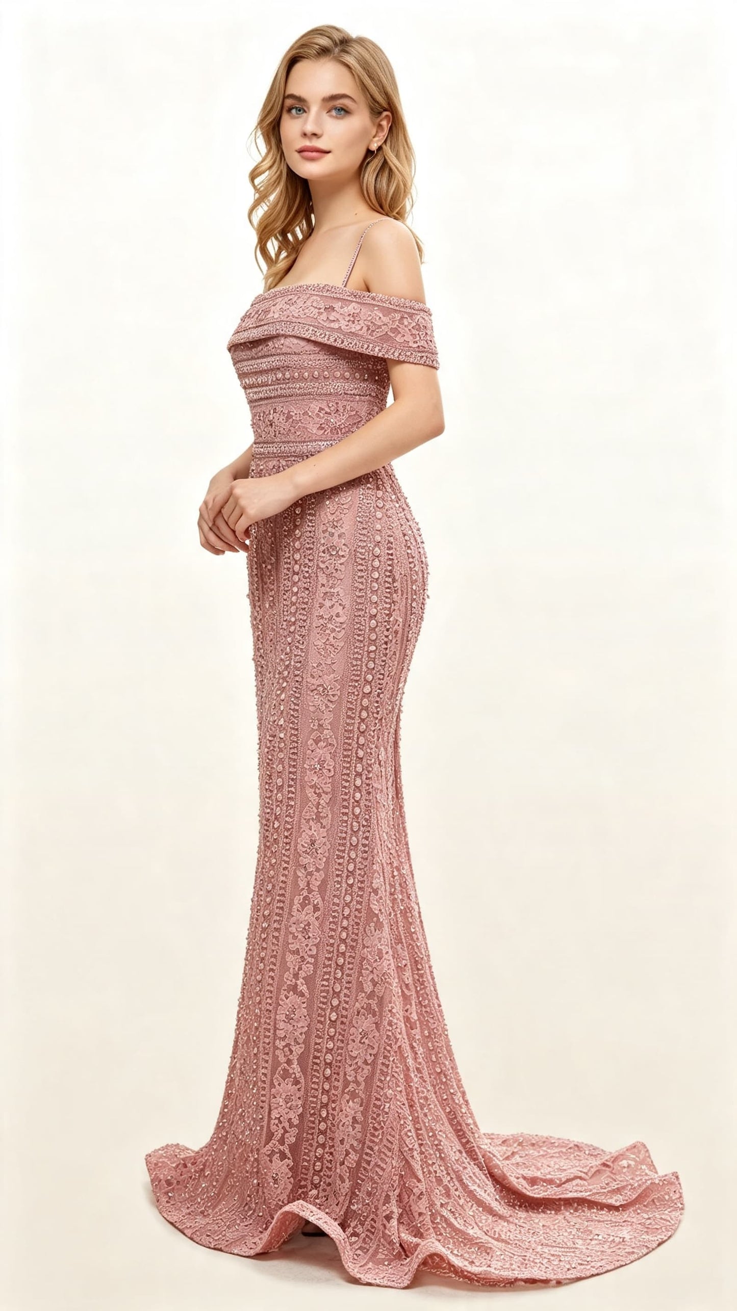 Feminine Mermaid Dusty Pink Evening Dress Off the Shoulder Guipure Lace Maxi Dress LFNL0635