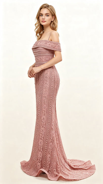 Feminine Mermaid Dusty Pink Evening Dress Off the Shoulder Guipure Lace Maxi Dress LFNL0635
