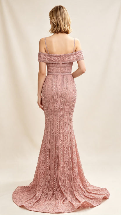 Feminine Mermaid Dusty Pink Evening Dress Off the Shoulder Guipure Lace Maxi Dress LFNL0635