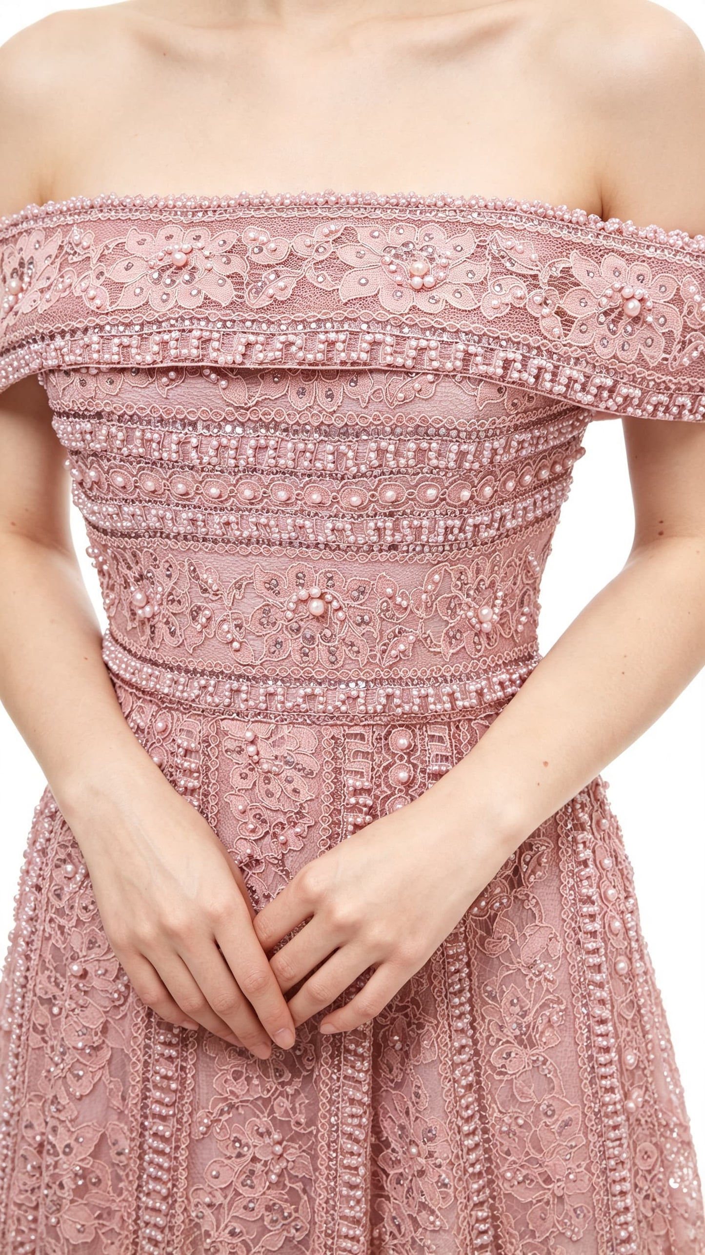 Feminine Mermaid Dusty Pink Evening Dress Off the Shoulder Guipure Lace Maxi Dress LFNL0635