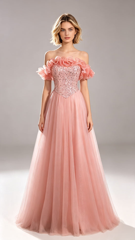 Stunning A-line Pink Evening Dress Off the Shoulder Tulle Long Formal Dress LFNL0628