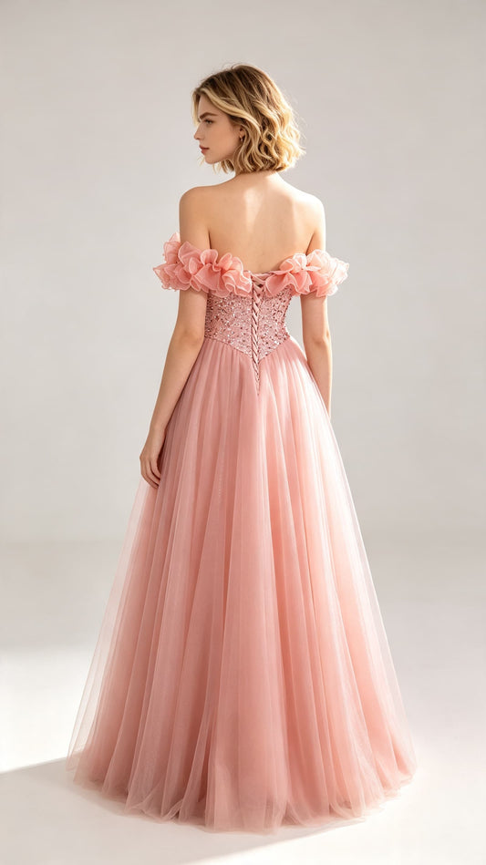 Stunning A-line Pink Evening Dress Off the Shoulder Tulle Long Formal Dress LFNL0628