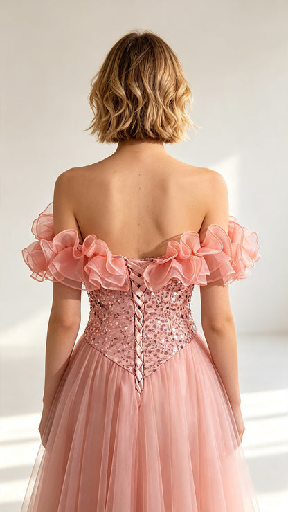 Stunning A-line Pink Evening Dress Off the Shoulder Tulle Long Formal Dress LFNL0628