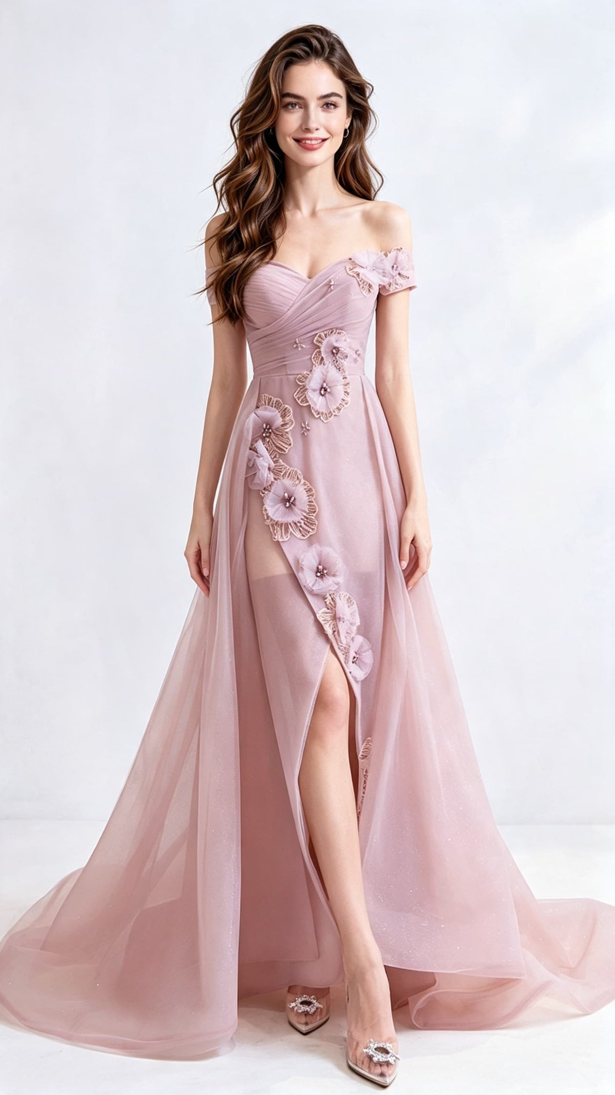 Feminine A-line Pink Bridesmaid Dress Off Shoulder Tulle Long Formal Dress LFNC0171