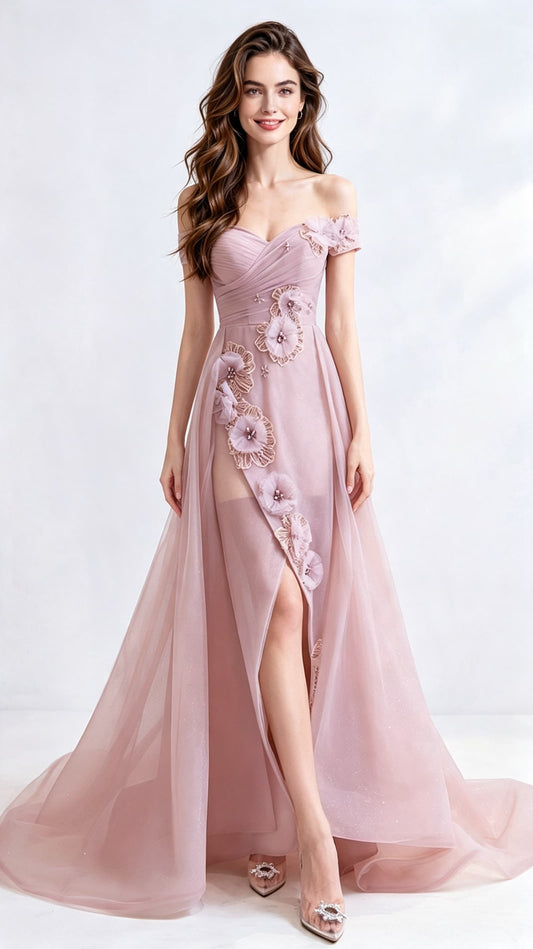 Feminine A-line Pink Bridesmaid Dress Off Shoulder Tulle Long Formal Dress LFNC0171