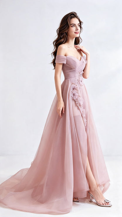 Feminine A-line Pink Bridesmaid Dress Off Shoulder Tulle Long Formal Dress LFNC0171