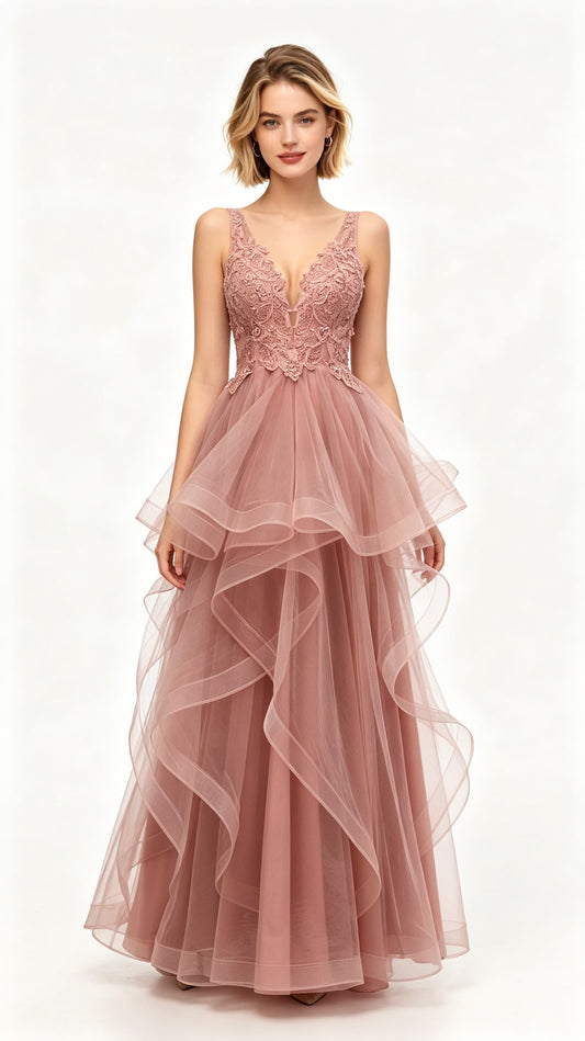 Sleek A-line Pink Evening Dress V Neck Tulle Maxi Dress LFNL0642