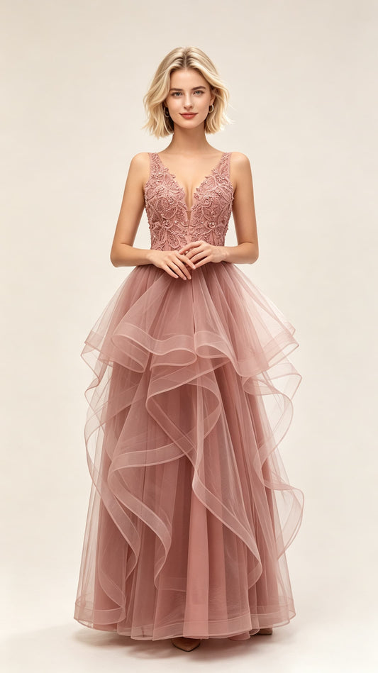 Sleek A-line Pink Evening Dress V Neck Tulle Maxi Dress LFNL0642