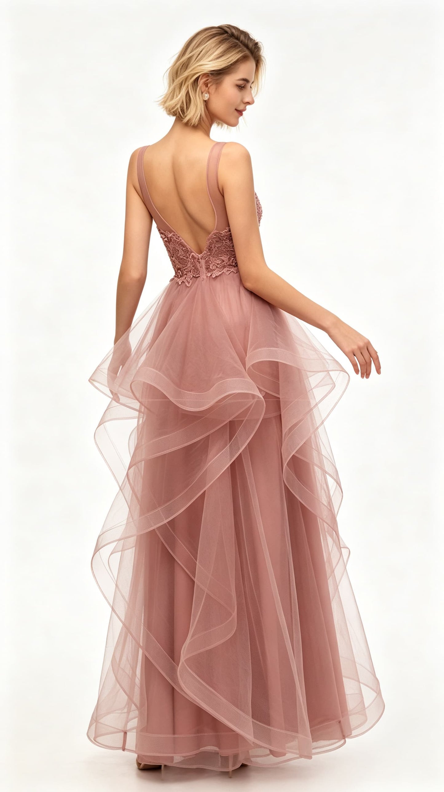 Sleek A-line Pink Evening Dress V Neck Tulle Maxi Dress LFNL0642