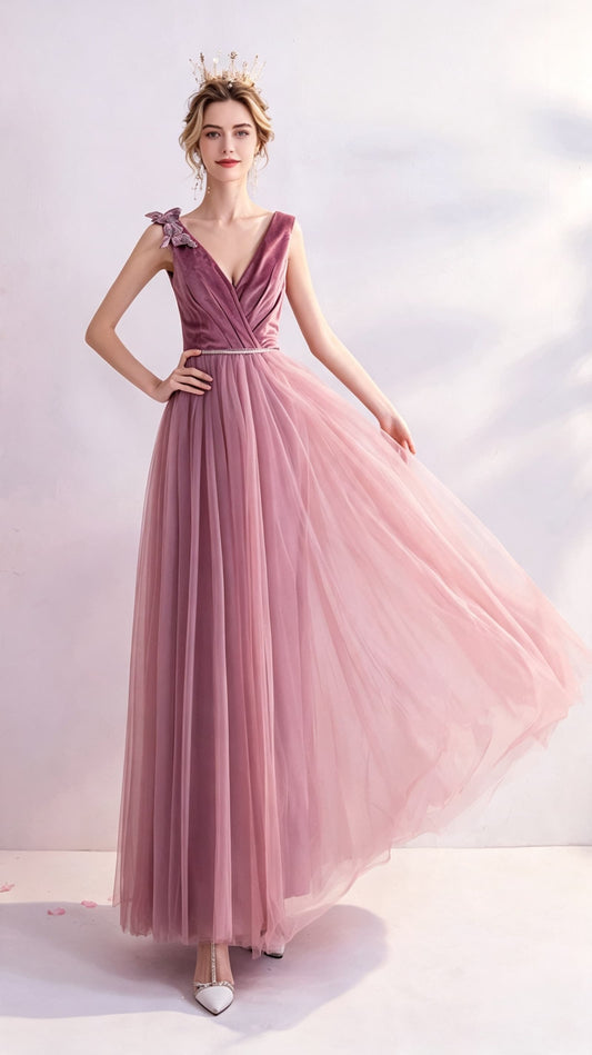 2026 A-line Peach Powder Evening Dress V Neck Tulle Long Formal Dress LFNC0393