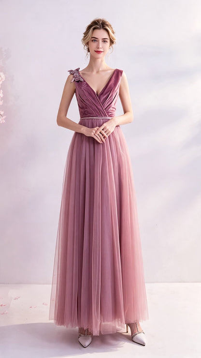 2026 A-line Peach Powder Evening Dress V Neck Tulle Long Formal Dress LFNC0393