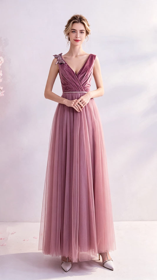 2026 A-line Peach Powder Evening Dress V Neck Tulle Long Formal Dress LFNC0393