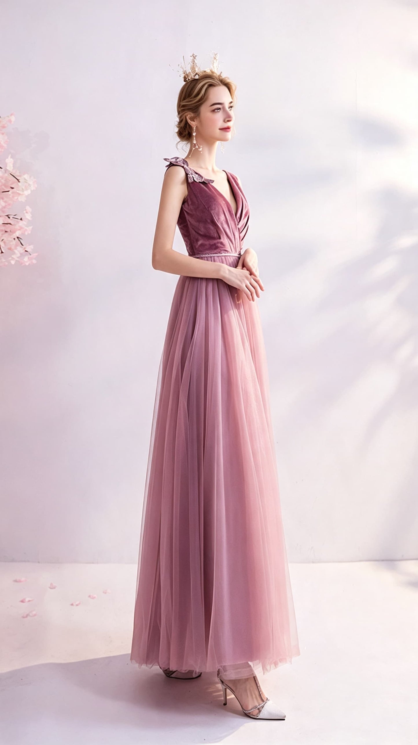 2026 A-line Peach Powder Evening Dress V Neck Tulle Long Formal Dress LFNC0393