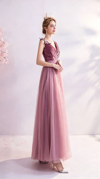 2026 A-line Peach Powder Evening Dress V Neck Tulle Long Formal Dress LFNC0393