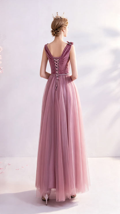 2026 A-line Peach Powder Evening Dress V Neck Tulle Long Formal Dress LFNC0393