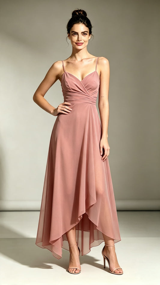 Soft A-line Pink Bridesmaid Gowns Straps Chiffon Maxi Dress LFNL0723