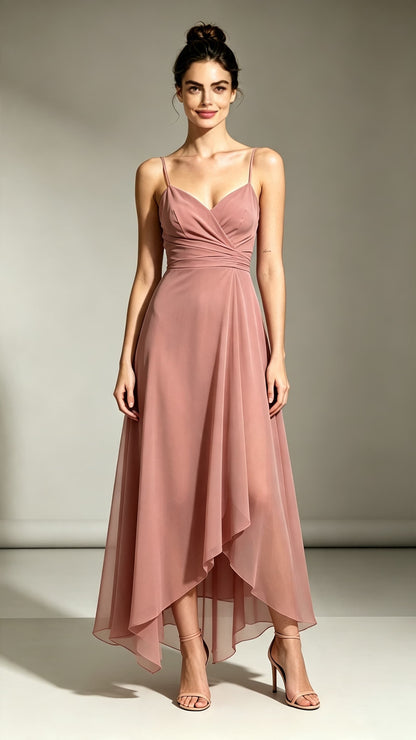 Soft A-line Pink Bridesmaid Gowns Straps Chiffon Maxi Dress LFNL0723